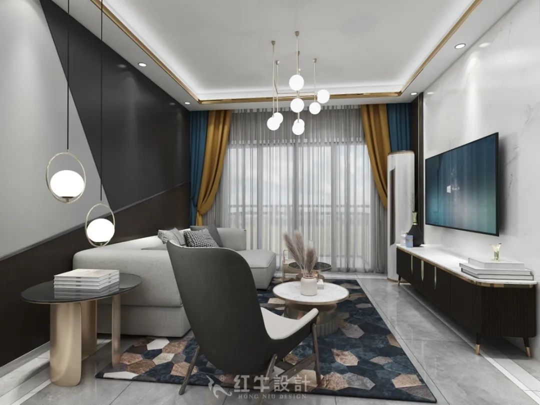 红牛设计--创源龙樾116㎡轻奢风格04效果图欣赏_客厅